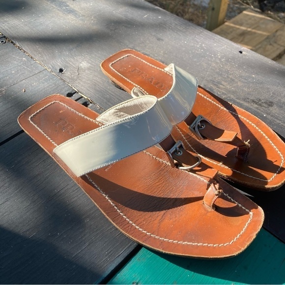Authentic Prada Leather Sandals Ivory Patent Leather and Brown Slides Sz 38 - Picture 7 of 11